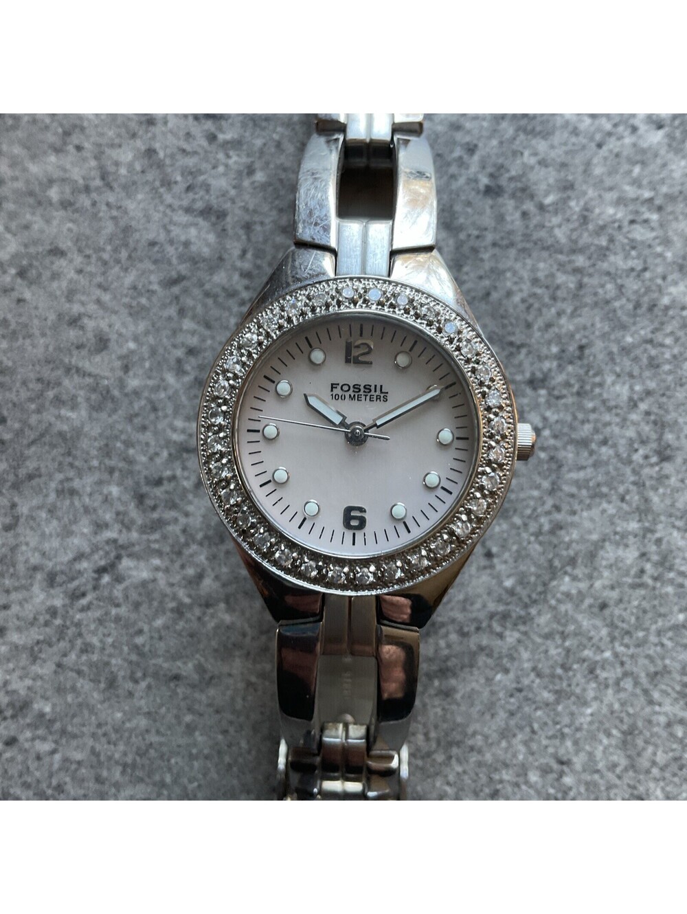 Fossil Womens Watch AM3458 29mm Silver Tone Case W/Crystal Accent Bezel A5